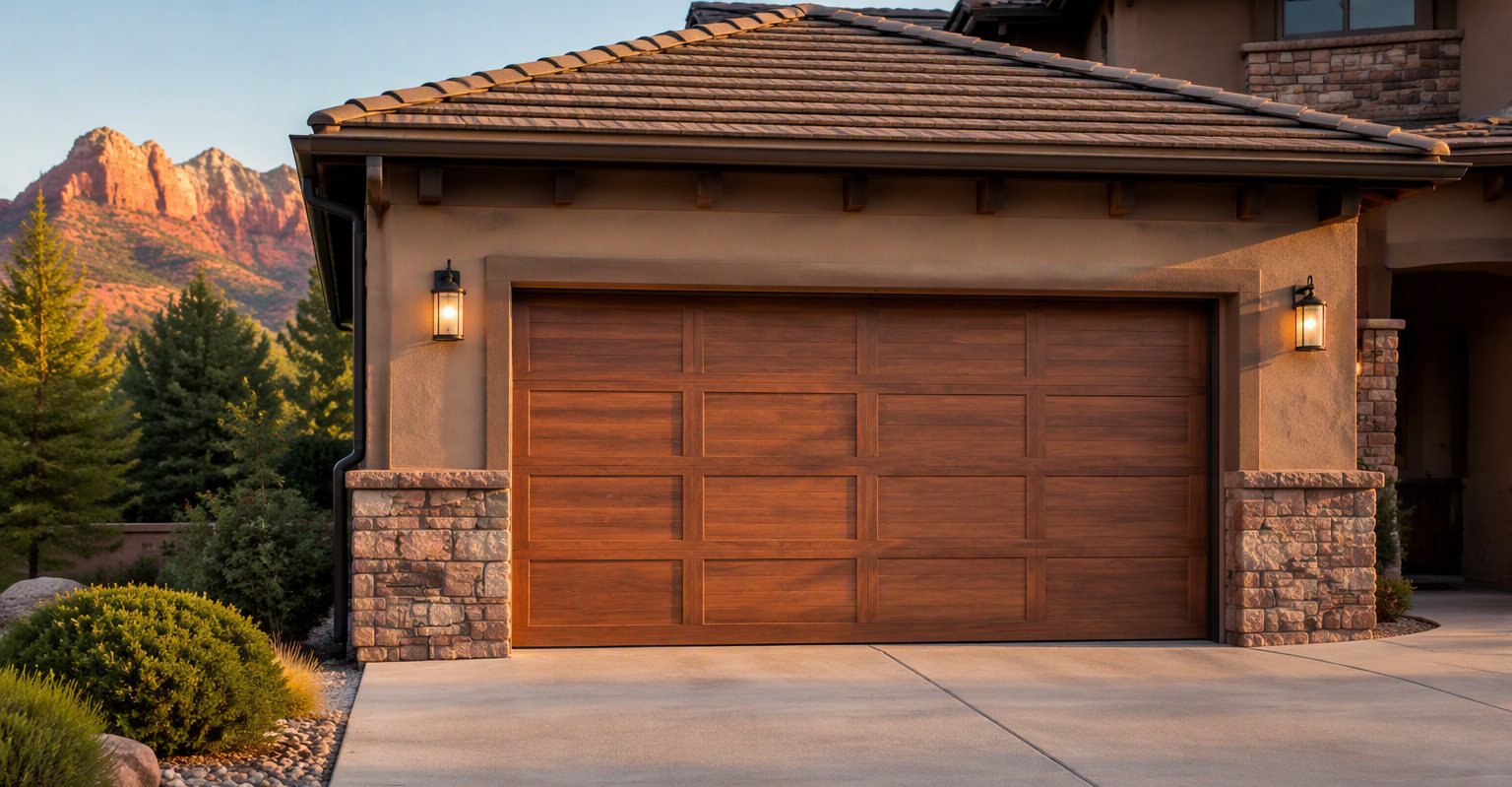 A wood-look sectional garage door on a stone-accented home beneath red cliffs