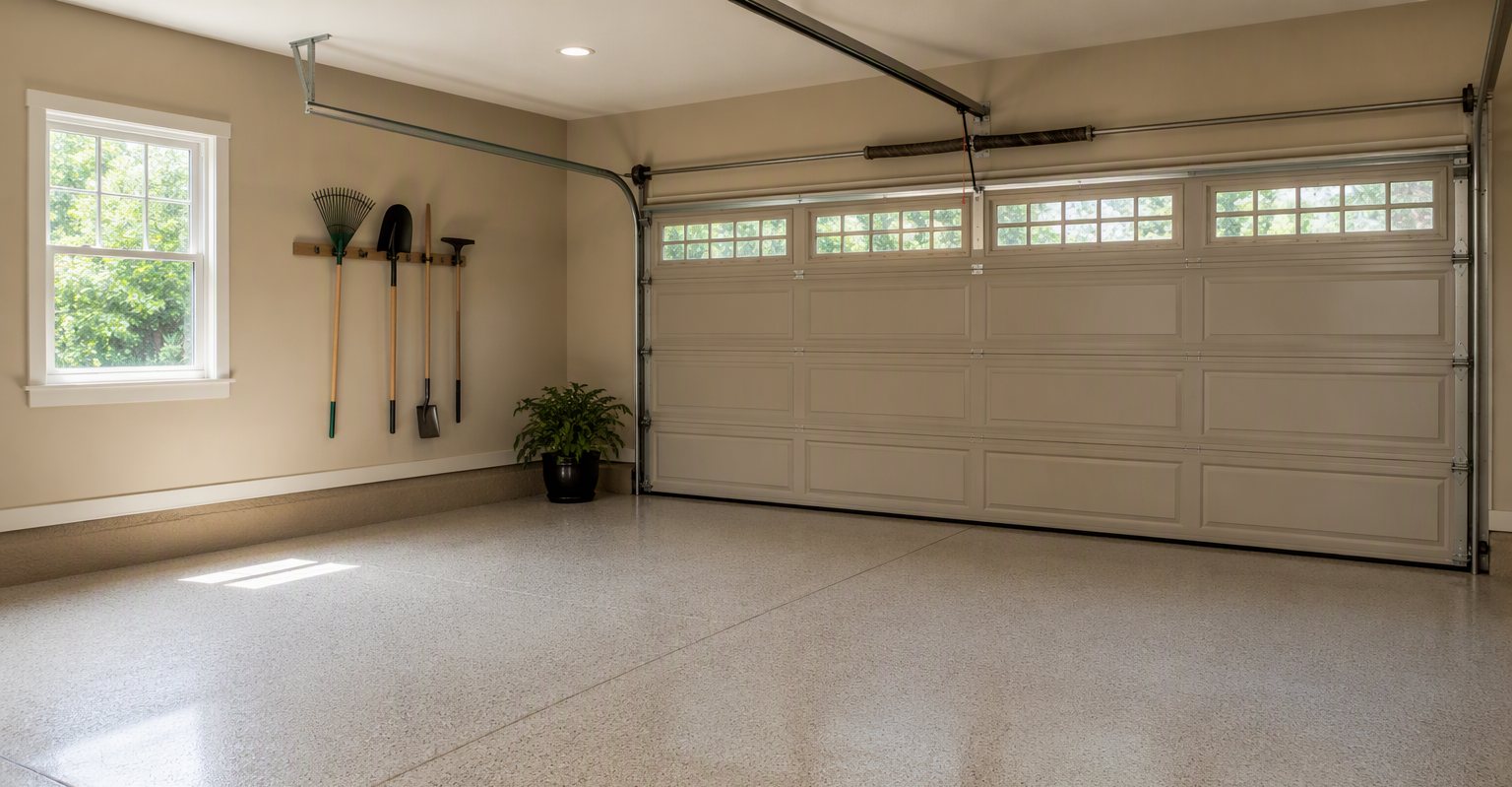 A sectional garage door on a stucco home in warm afternoon light