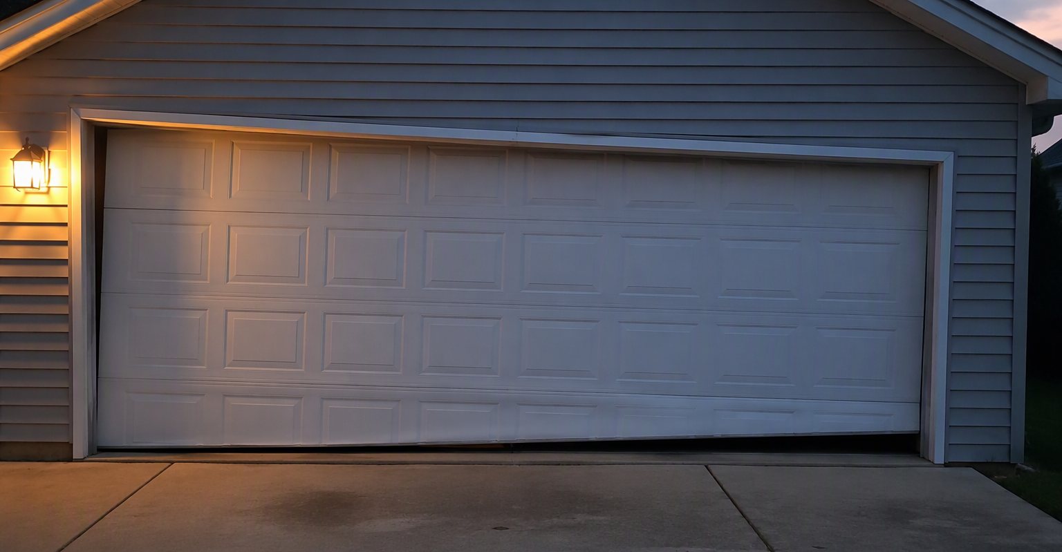 A garage door sitting crooked on its tracks at dusk