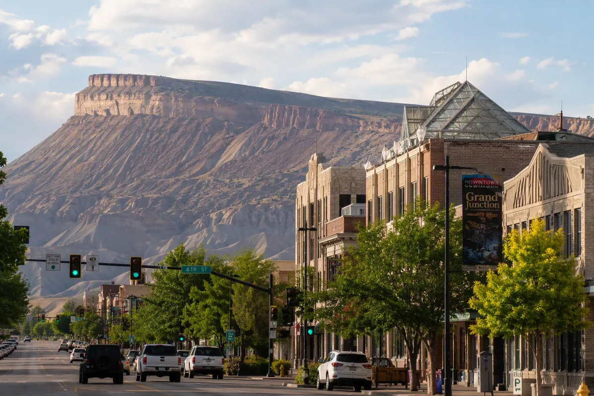 Main Street in downtown Grand Junction with the Grand Mesa beyond